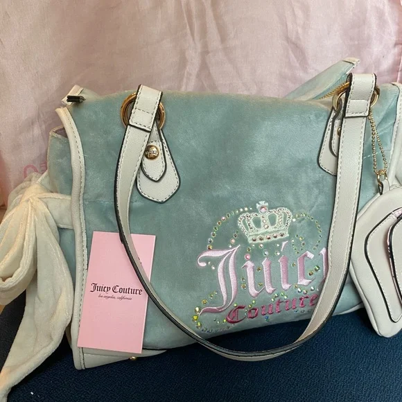Y2K Juicy Couture Blue and Cream Shoulder Tote Bag - Picture 2 of 4